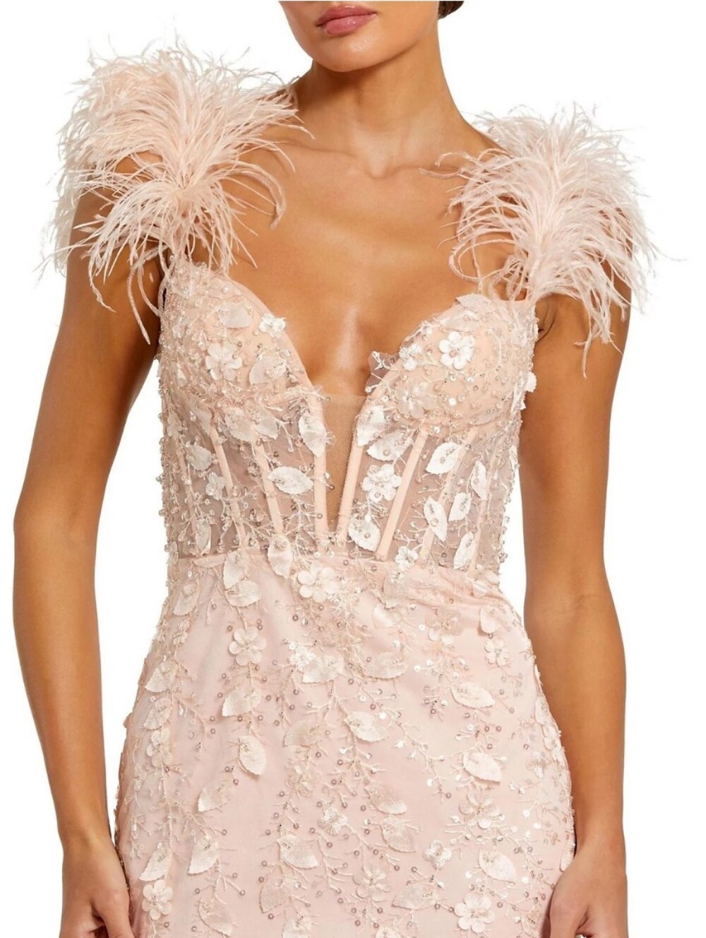 NWT | Mac Duggal 20889 Pink Sheer Applique Bustier Gown with Feather Straps 14